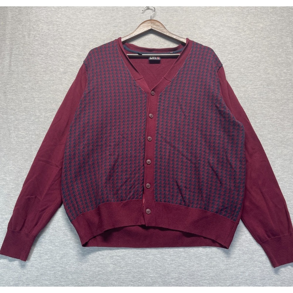 UK Style By French Connection Cardigan Sweater Men XL Burgundy Houndstooth Print